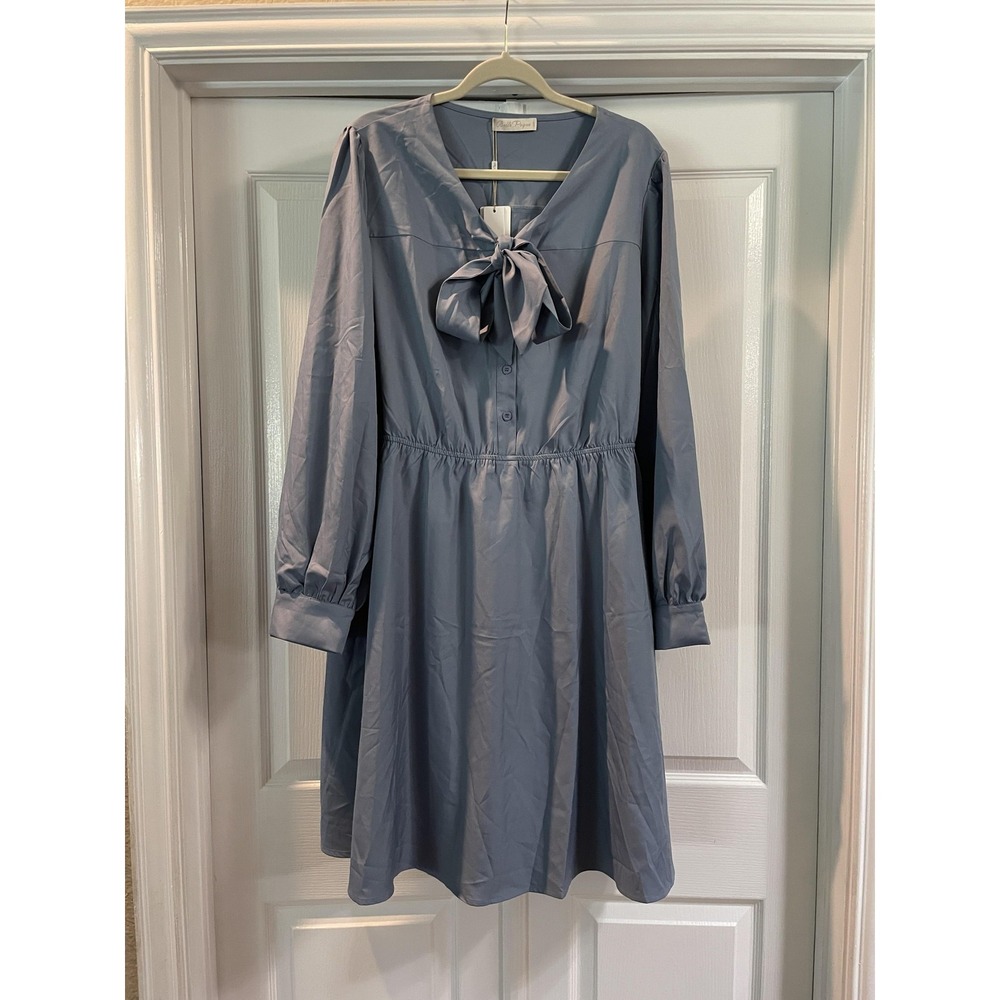 Belle Poque Dress Womens 2XL Blue Bow Neck Button Front Fit & Flare Midi